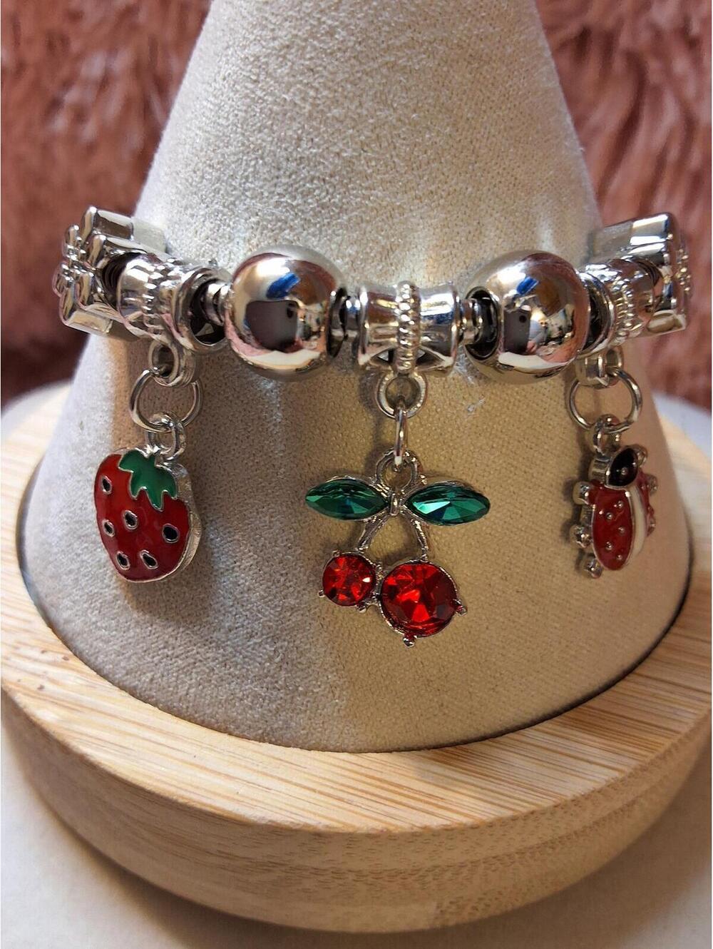 FASHION SILVER CHERRY LADYBUG LOBSTER CLAW NON STRETCH BRACELET